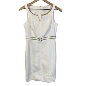 White House Black Market White Textured Shirt Dress Belt Accent Notch Neck Sz 2